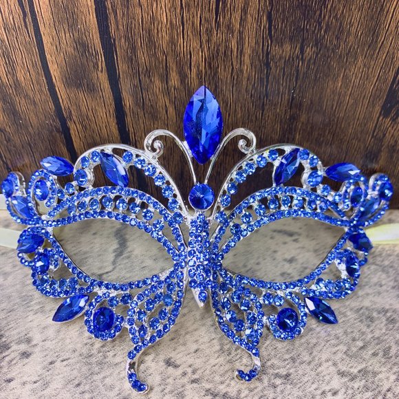 Blue Masquerade Mask, Crystal Mask Rhinestone, Venetian Party, Prom, Mardi Gras - Picture 4 of 4